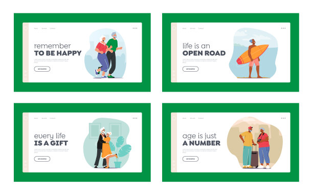 高级人物活跃的生活方式登陆页模板集。老年男人女人慢跑锻炼，冲浪运动，跳舞图片下载