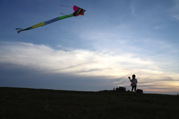 亚洲女孩在草地上玩和放风筝。图片下载