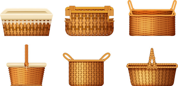 逼真的柳条篮子套手工装饰图片下载