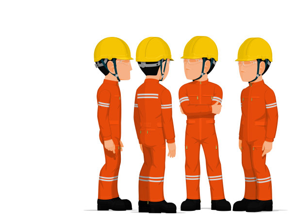 四个产业工人在白色背景下开会图片下载