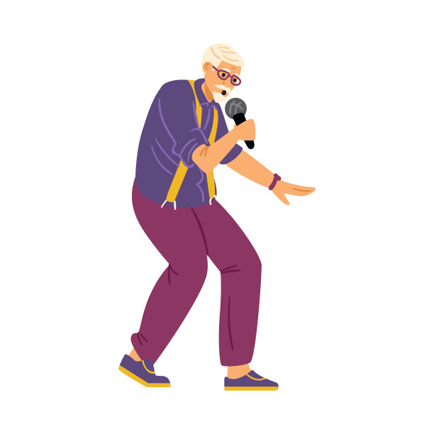 在卡拉ok或音乐晚会上，年长的男人拿着麦克风跳舞和唱老歌图片下载