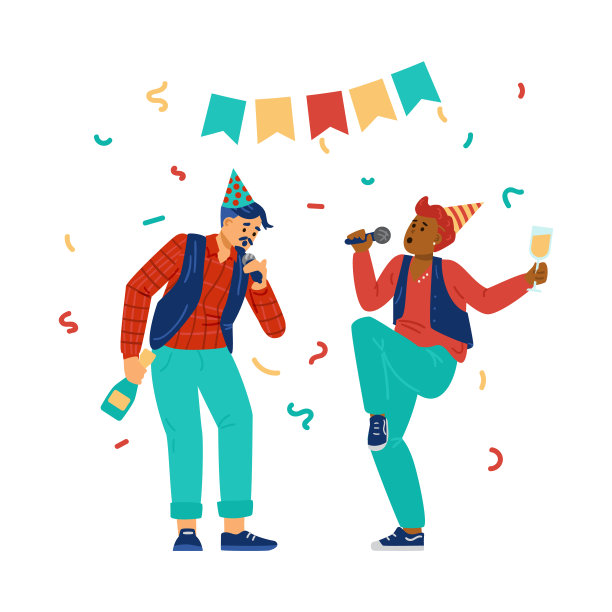 两个年轻人拿着麦克风在卡拉ok或音乐晚会上唱节日歌曲。图片下载