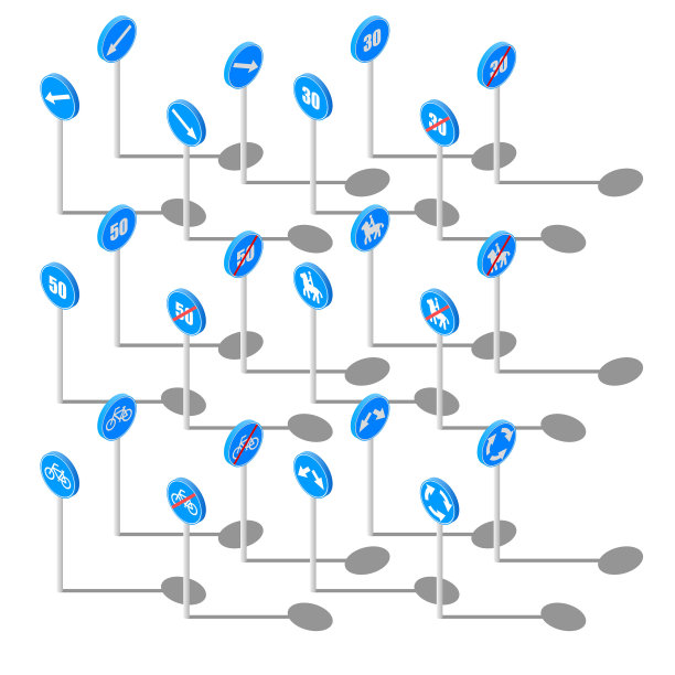 集合抽象不同收集等距道路规则标志3D交通管制警告广告牌矢量设计风格图片下载