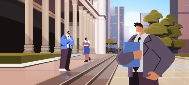 混合种族，商人，律师站在政府大楼附近与柱法律和司法法律咨询概念图片下载