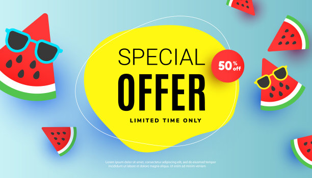 夏季特价横幅，以切好的西瓜为背景，以丰富多彩的黄色为背景，用于商店促销。图片下载