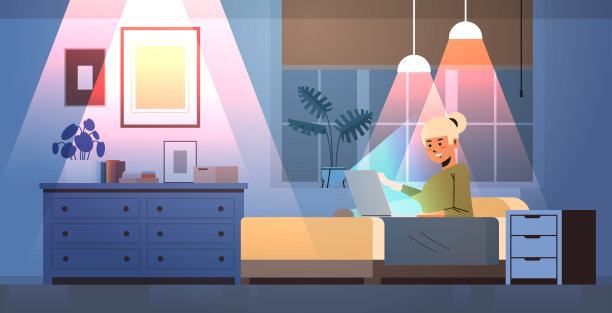 劳累过度的女商人自由职业者看着电脑屏幕女孩坐在床上在黑暗的夜晚的家房间图片下载