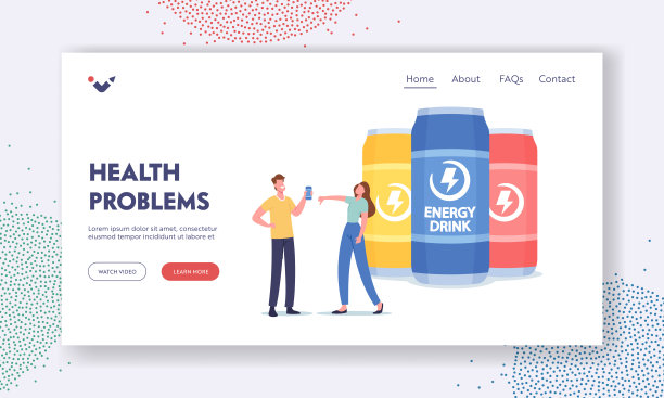 健康问题登陆页面模板。女人羞辱喝能量饮料的男人。上瘾的男性角色图片下载
