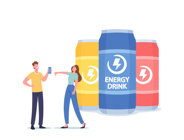 女人羞辱喝能量饮料的男人。沉迷于牛磺酸或咖啡因能量饮料的小男性角色图片下载