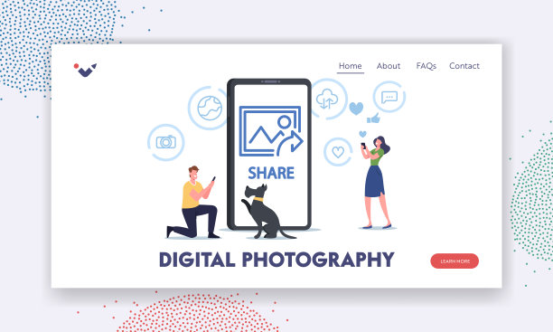 数码摄影登陆页面模板。男人用智能手机拍宠物，女人自拍。人分享照片图片下载