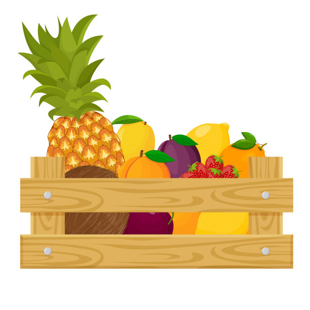一个装满各种异国水果模板的木制盒子，主题是种植、收获和销售新鲜有机产品。矢量插图卡通风格。图片下载