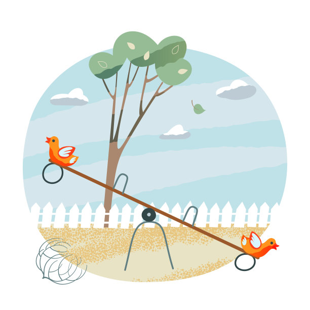 在阴天的秋日，在公园的操场上荡秋千。树，落叶，天空与云彩，草坪，玩设备，栅栏在白色的背景。放松场景在自然矢量插图图片下载