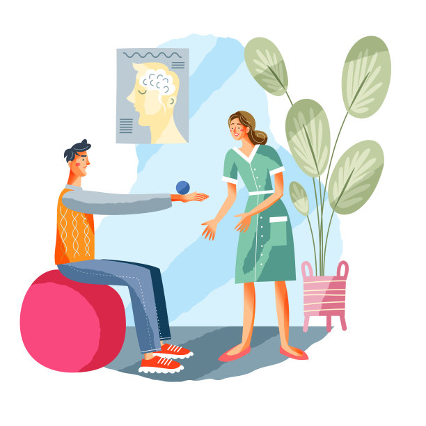 男子在医疗康复和物理治疗中心。在恢复的家伙在平衡矢量插图上做球练习。女性治疗师帮助康复保健图片下载