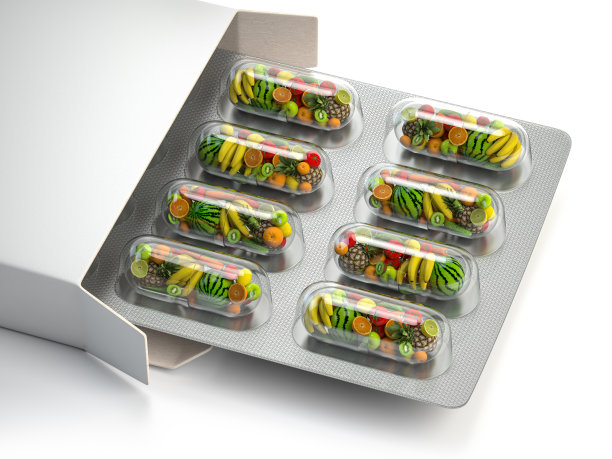 健康饮食的多种维生素和膳食天然补充剂。泡罩包装水果丸。图片下载