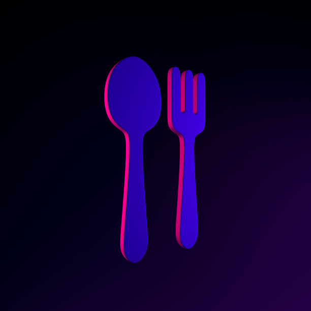 霓虹灯勺子和叉子的图标在平的风格。3d渲染界面UI ux元素。黑暗的象征。图片下载