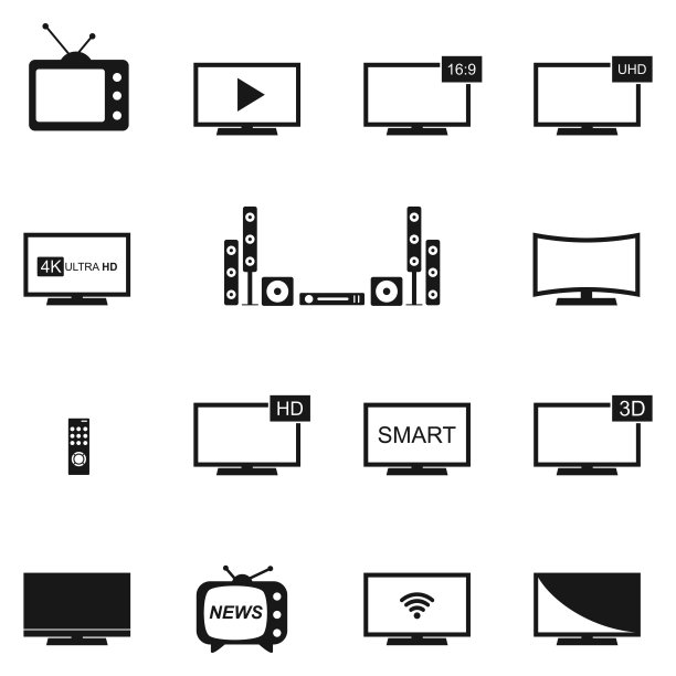 矢量电视图标设置在白色背景，孤立的剪影电视在平面风格。图片下载