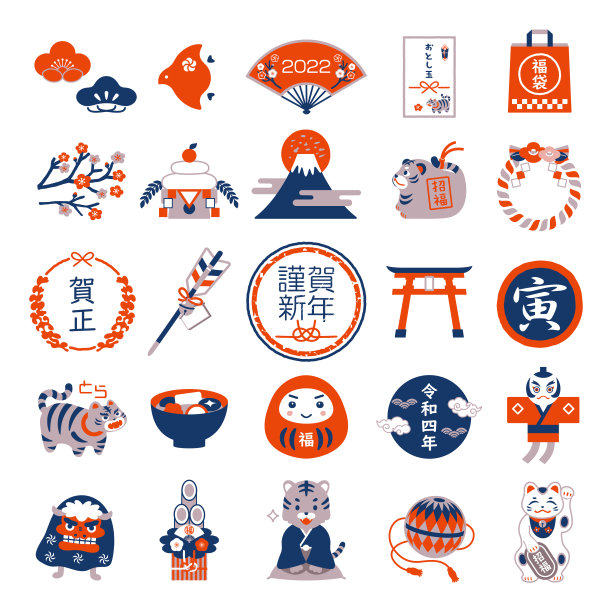 一套印有2022年新年幸运符和日式镜框的插画。图片下载