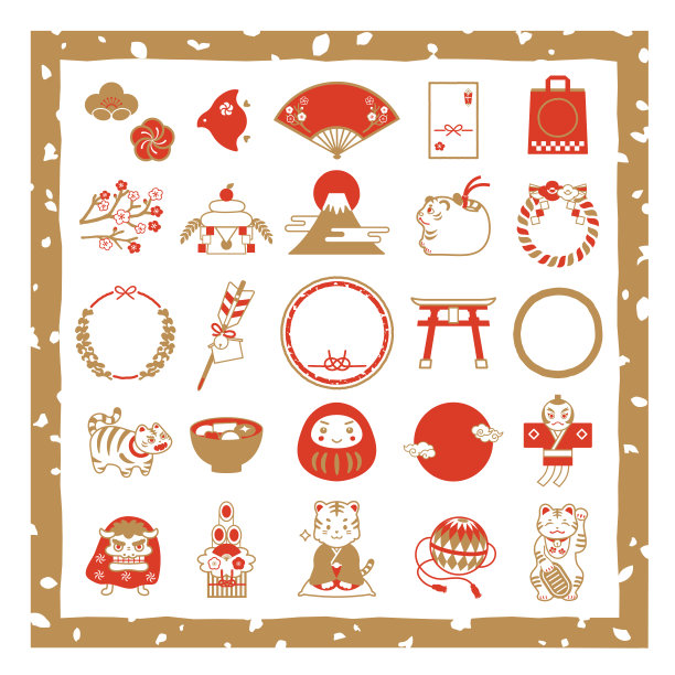 一套印有2022年新年幸运符和日式镜框的插画。图片下载