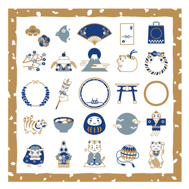 一套印有2022年新年幸运符和日式镜框的插画。图片下载