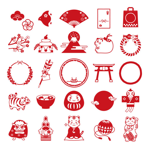 一套印有2022年新年幸运符和日式镜框的插画。图片下载