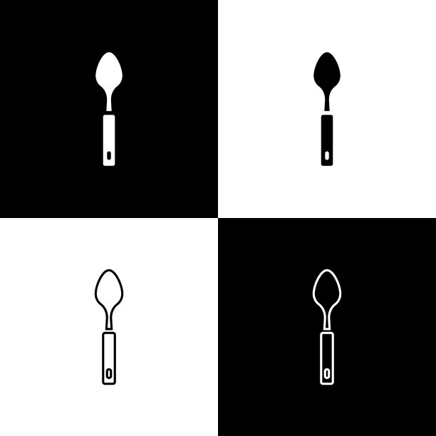 设置勺子图标孤立的黑色和白色图片下载