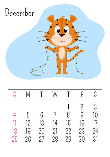 垂直墙日历页模板12月2022年与一个卡通的中国年符号。一周从星期天开始。一只老虎用爪子捧着一个圣诞花环图片下载