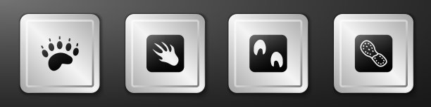 设熊爪，鳄鱼爪，马爪和人爪鞋图标。银广场按钮。向量图片下载