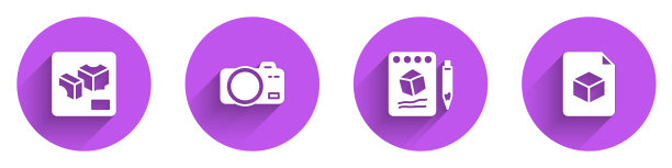 设置3D打印机，照片相机，纸上素描和等距立方体文件图标与长阴影。向量图片下载