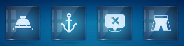 设置酒店服务铃，主播，语音气泡与飞机和短裤。方形玻璃面板。向量图片下载