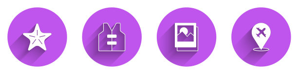 设置海星，救生衣，照片和飞机图标与长影子。向量图片下载