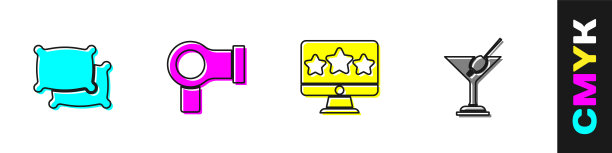 套枕头，吹风机，五星评级评论和马提尼玻璃图标。向量图片下载