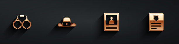 设置手铐，警长帽徽章，通缉海报和逮捕令图标与长影子。向量图片下载