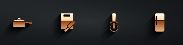 设置煎锅，切菜板和刀，披萨和冰箱图标与长影子。向量图片下载