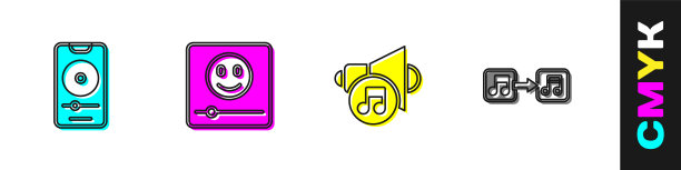 设置音乐播放器，扬声器音量和注意，音调图标。向量图片下载