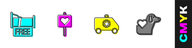 自由过夜过夜的房子，位置与心脏，紧急汽车和心脏狗图标。向量图片下载