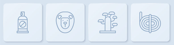 设置防虫喷雾剂、非洲树、野狮、攀登者绳索。白色正方形按钮。向量图片下载