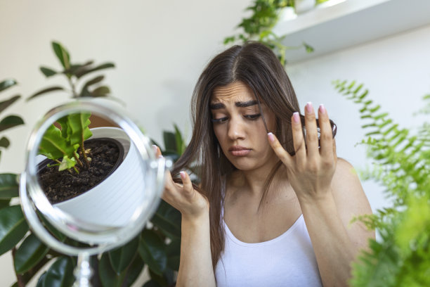一个女人看着被破坏的头发分叉。女人手握着她的长发，看着头发残缺分叉的护理问题图片下载