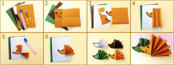 一步一步的照片说明如何用你自己的手用纸做一个刺猬雕像。简单的手工艺与孩子。DIY的概念。孩子们的创造力。图片下载