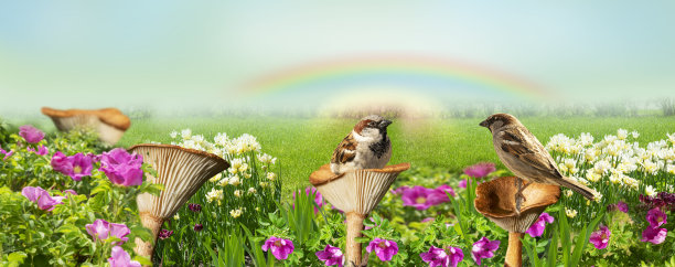 麻雀在野花中一个巨大的蘑菇上飞翔。美丽的梦幻，神奇的粉彩背景。令人难以置信的鸟类。美丽的春绿背景图片下载