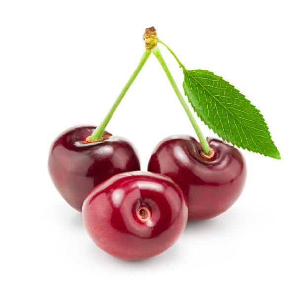 红色樱桃果实，绿叶孤立在白色背景上。剪切路径图片下载