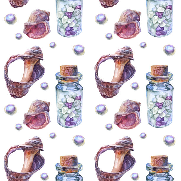 无缝图案水彩冥想玻璃瓶软木，水晶，贝壳，珠珍珠在白色的背景。手绘瑜伽对象，卡片，办公文具，速写本，墙纸，包装图片下载