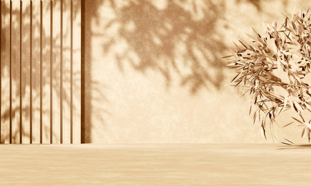 3D米色混凝土裙房展示灯光和植物阴影图片下载