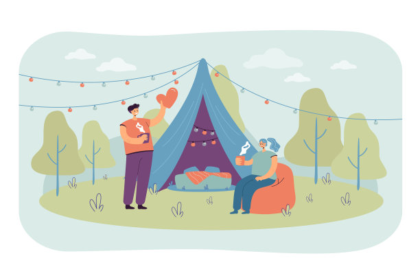 一对快乐的情侣在大自然中一起露营图片下载