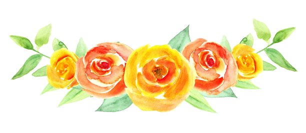 花环的黄色和橙色玫瑰，水彩手绘插图，孤立，白色背景。婚礼请柬、贺卡的设计元素图片下载