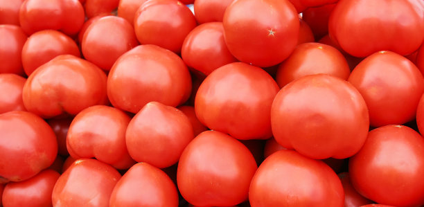 在集市上，一个女人手里拿着西红柿。图片下载