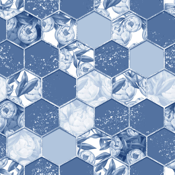 六边形无缝纹理与牡丹花。蓝色装饰模式图片下载