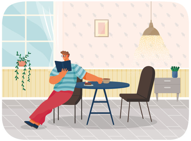 年轻时尚的男人戴着眼镜坐在家里看书，吃着蛋糕，喝着咖啡图片下载