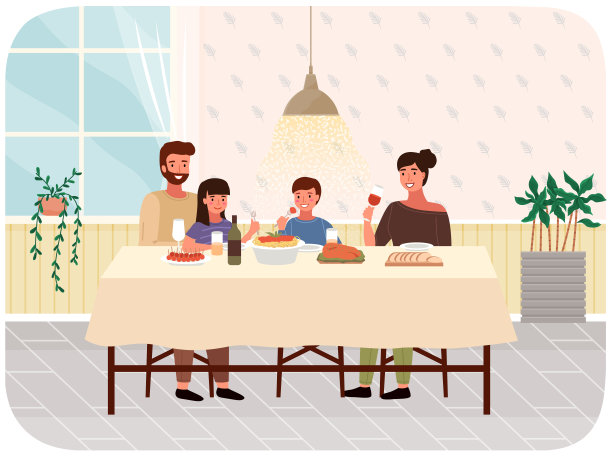 家人一起坐在舒适的厨房里吃意大利面和肉排图片下载