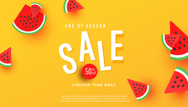夏季促销横幅，热季折扣海报与成熟的西瓜片图案在黄色的背景图片下载