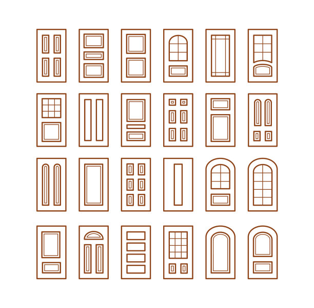 入口木面板和玻璃门。内部和外部建筑元素。前门和后门。行图标集合图片下载