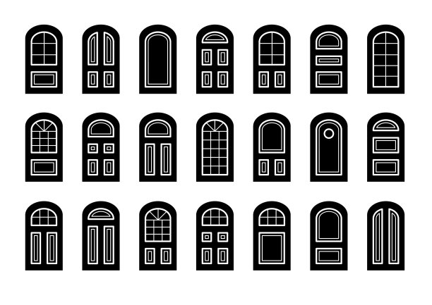 木制拱门入口。内部和外部建筑元素。前门和后门。平图标集合图片下载
